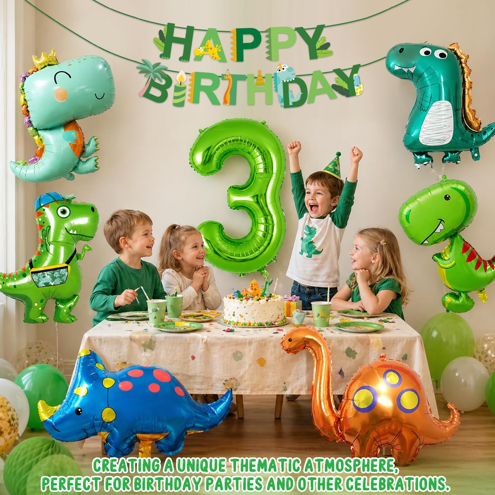 Globos Dinosaurio Decoración Cumpleaños 3 Años, XXL Globos Dino con Happy Birthday Bandera, Fiesta Dinosaurios