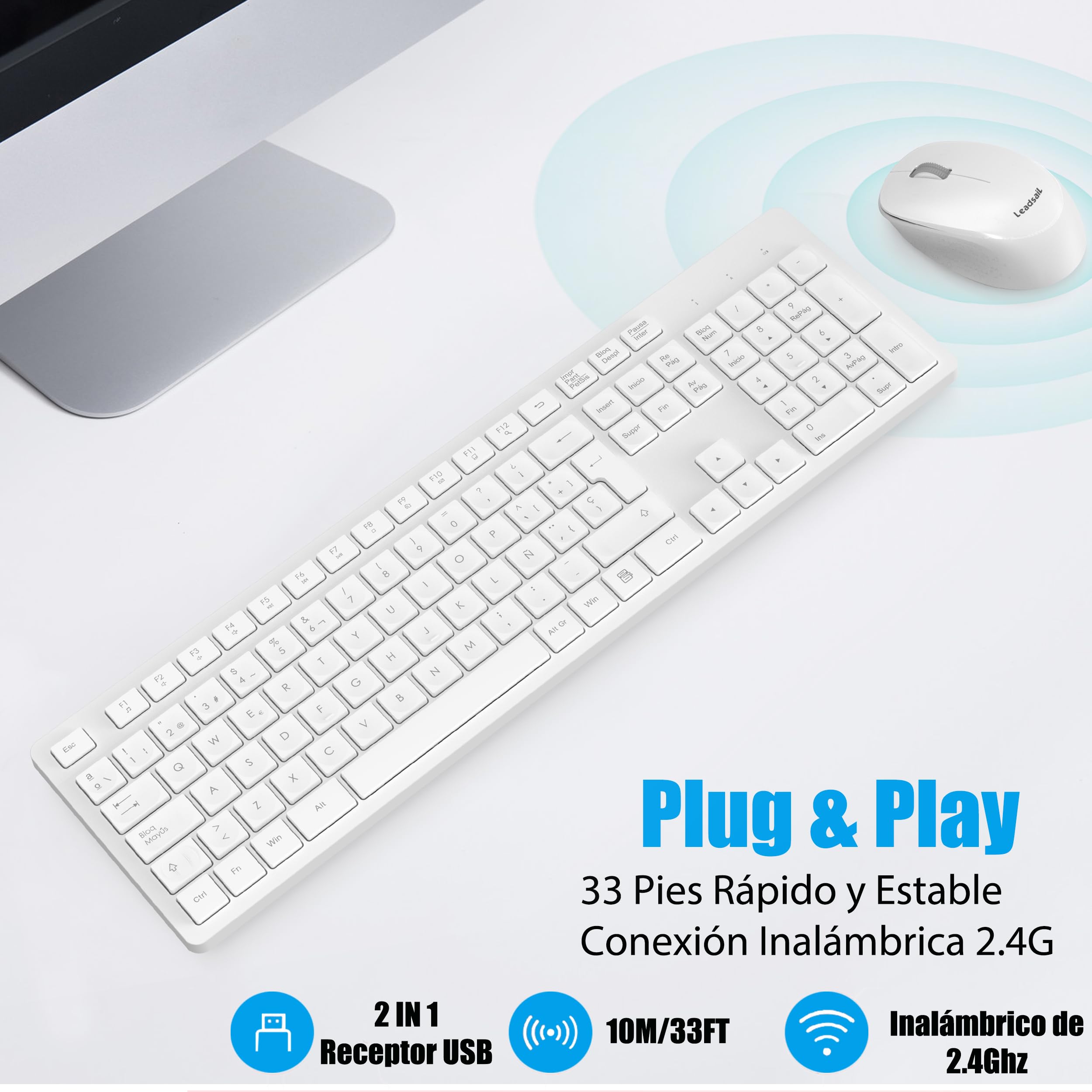 LeadsaiL Teclado y Raton Inalámbrico, Teclado y Raton Inalambrico Ergonómico, Español QWERTY, Tamaño Completo con Teclado Numérico, Receptor USB 2.4 GHz for Mac, PC, Ordenador Portátil-Blanco