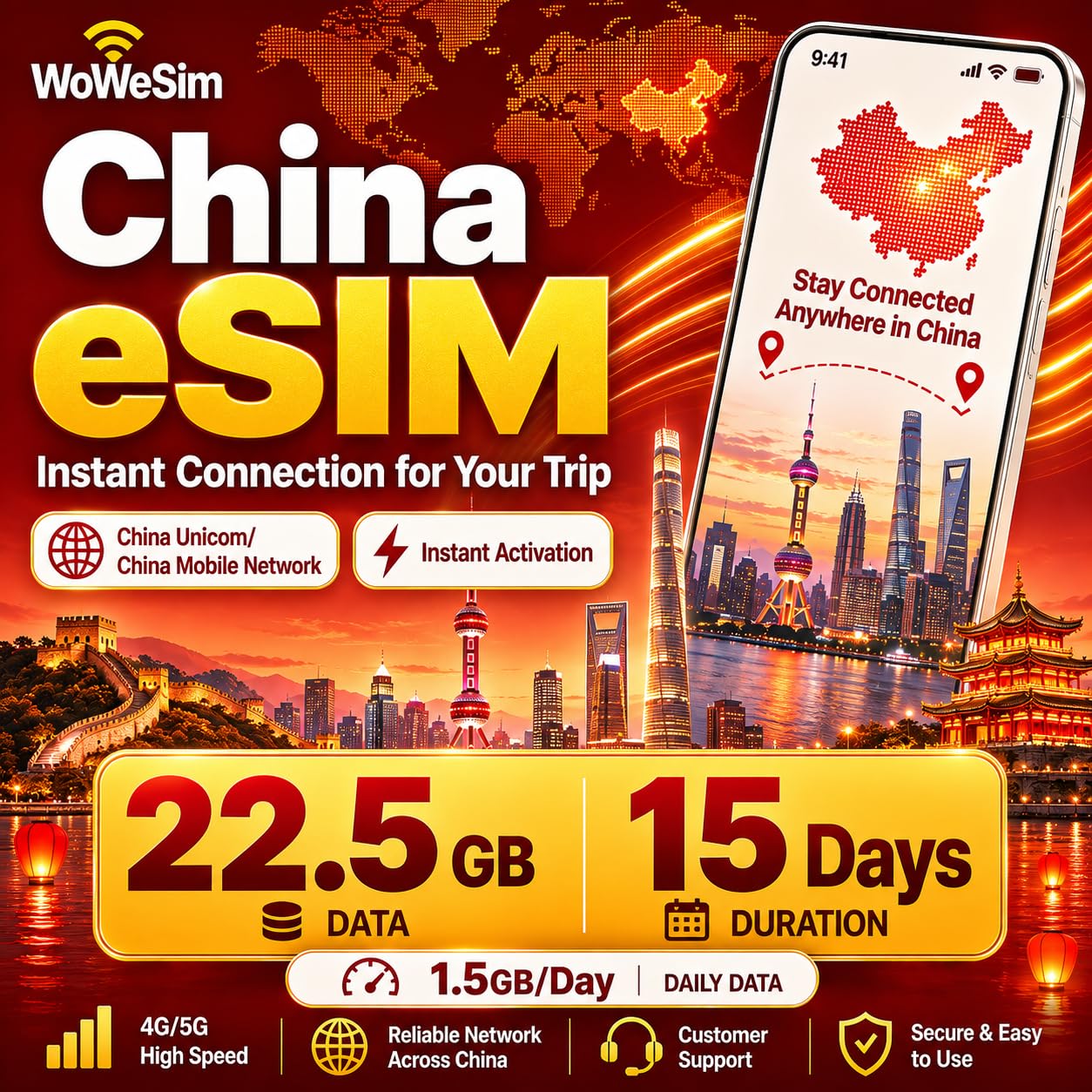 China eSIM 22.5GB - 15 Days 5G LTE Hotspot No Physical SIM
