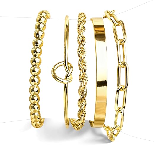 Gold Bracelets for Women Non Tarnish, 14K Gold Plated Chunky Cuff Bracelet Gold Bangles Bracelet for Women Trendy Tie Knot Cuban Rope Paperclip Beaded Bracelet Stack Jewelry Gifts