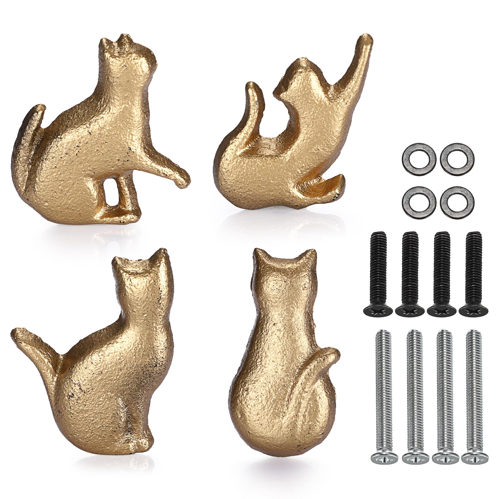 IGNPION Set of 4 Cat Shape Cabinet Drawer Knobs Iron Wardrobe Kitchen Door Knob Handle Animal Cabinet Pull Cupboard Hardware for Home Decorating Gold