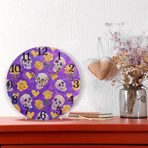 Miniatura 6 de KLL Skull Yellow Rose Heart Oil Painting 10 Inch Round Wall Clock Retro Non Ticking Easy to Read for Classroom School Office relojes de pared para