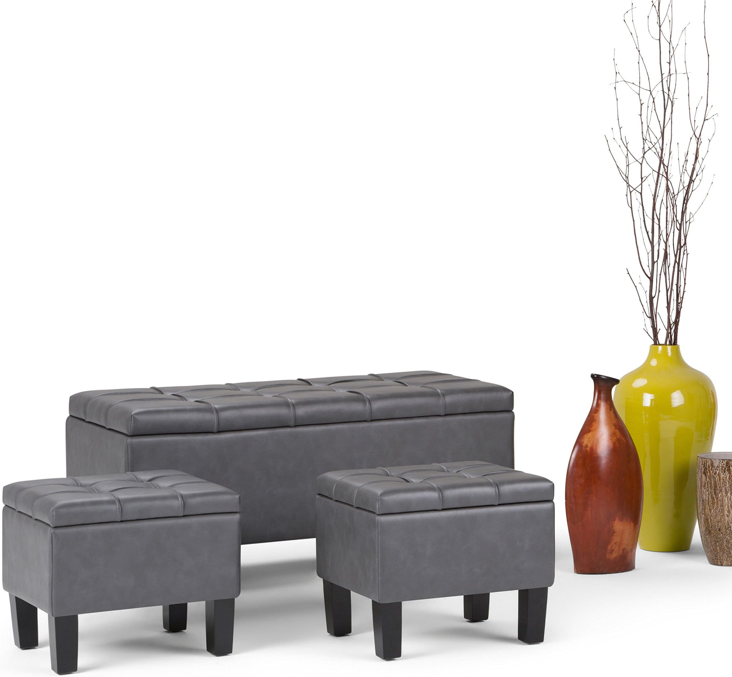 SIMPLIHOMEDover 44 Inch Wide Rectangle 3 Pc Lift Top Storage Ottoman in Upholstered Stone Grey Tufted Faux Leather, Footrest Stool, Coffee Table, For the Living Room, Contemporary