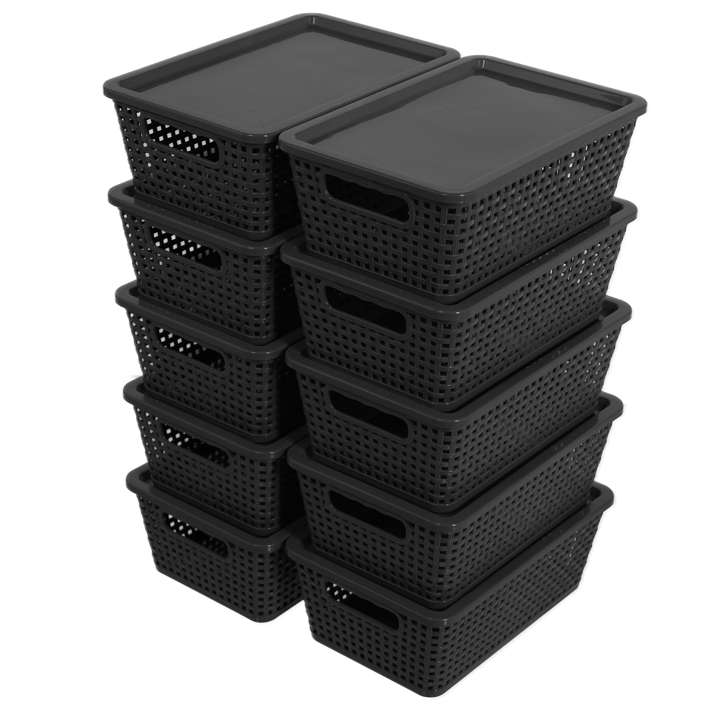 Citylife Set of 10 Pack Plastic Storage Baskets With Lid, Storage Basket for Organizing,Stackable Storage Containers Bins Boxes for Kitchen Bathroom Desktop Closet Classroom Office,Black