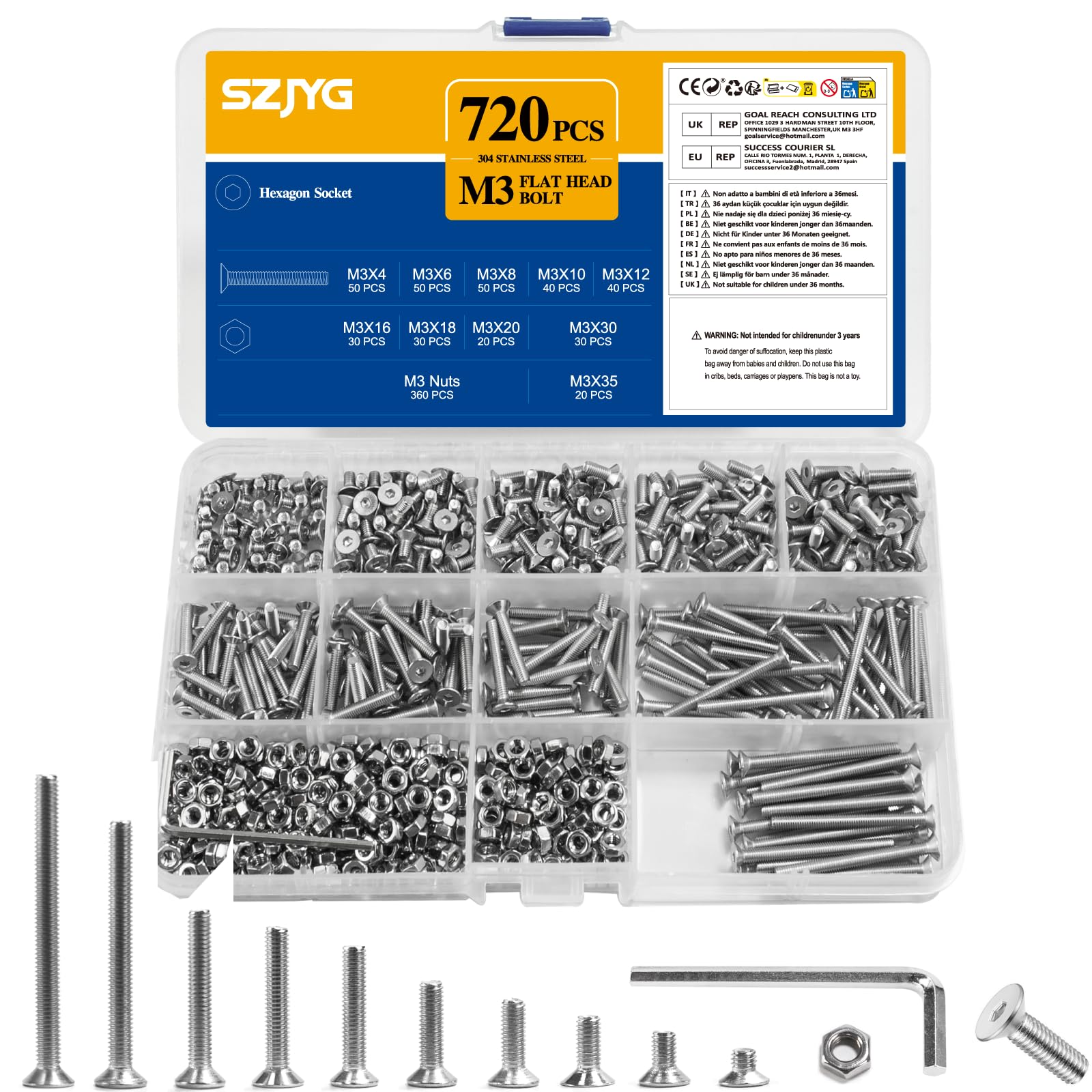 720 Pcs M3 Screws Set, Black Countersunk Bolts and Nuts Set, Machine Screws Assorted Nuts and Bolts, Flat Head Hex Socket Head Screw Assortment Kit (720, silver, M3)