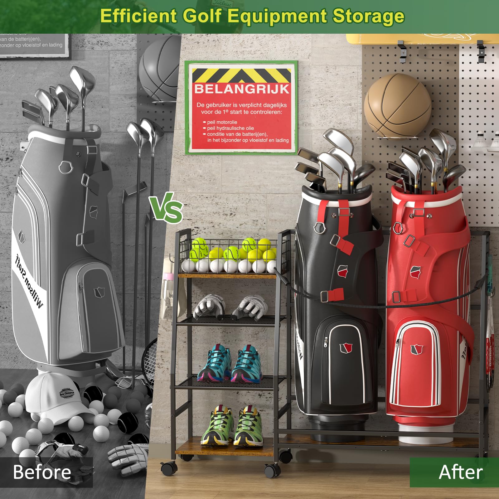 DAOUTIME Golftasche Garage Lagerregal mit Rollen, Organizer für 2 Golftaschen und Ausrüstungszubehör, ideal für Zuhause, Garage, Club, Schuppen, Keller – Stabile Holz- und Metallkonstruktion (Schwarz)