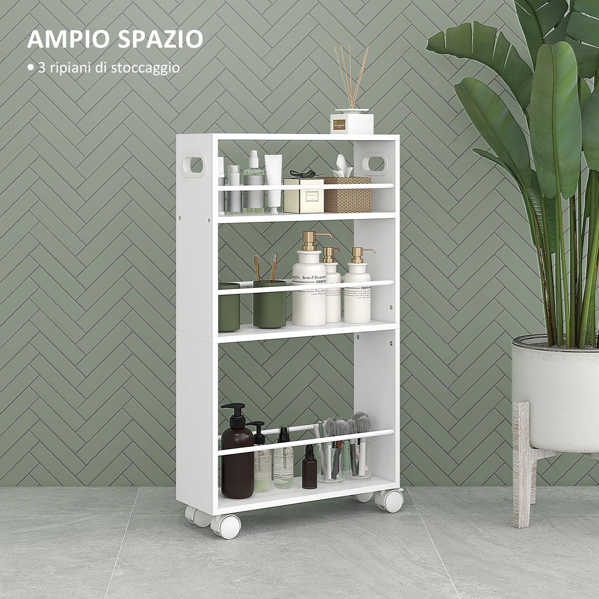 HOMCOM Carrello da Cucina Salvaspazio 3 Livelli, Barre Laterali, Bianco | Carrello Portaoggetti da Cucina o Bagno Compatto, 4 Ruote e 2 Freni, Scaffale Stretto in Legno e Acciaio