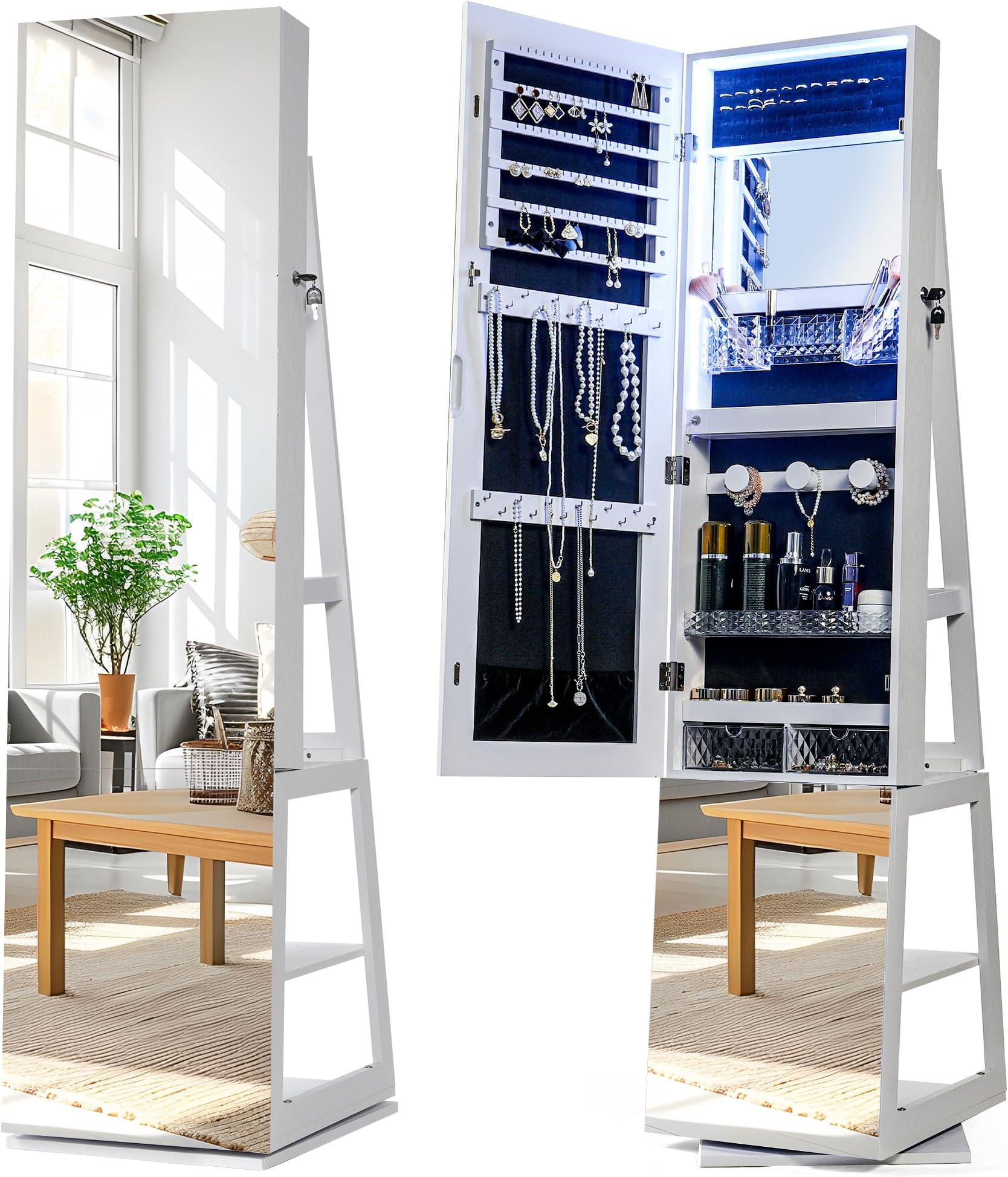 sogesfurniture360° Swivel Standing Full Length Mirror Jewelry Cabinet With Lights, Standing Mirror Armoire, Lockable Jewelry Storage Organizer Cabinet, Stand Up Mirror Full Length with Extra Shelves