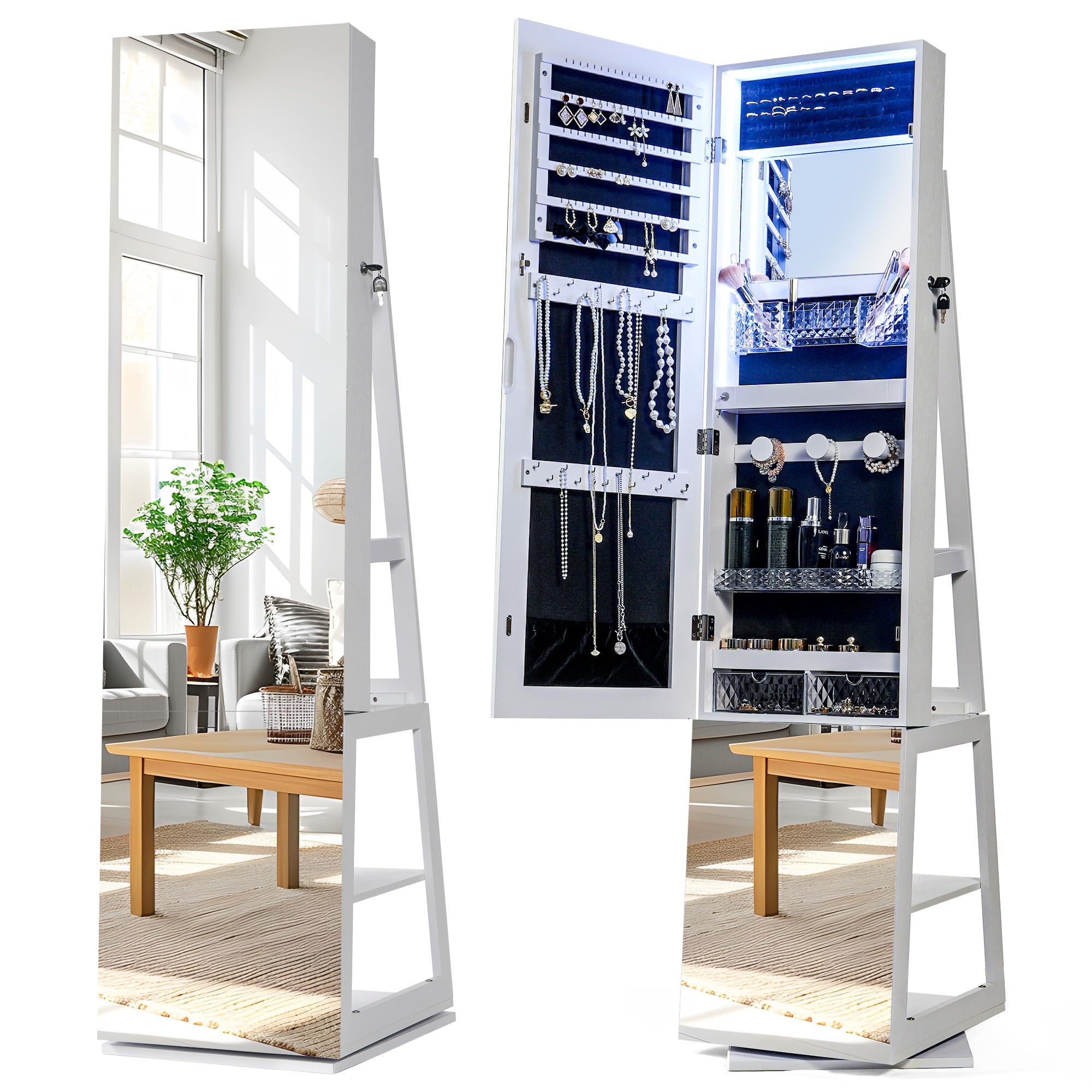 sogesfurniture360° Swivel Standing Full Length Mirror Jewelry Cabinet With Lights, Standing Mirror Armoire, Lockable Jewelry Storage Organizer Cabinet, Stand Up Mirror Full Length with Extra Shelves