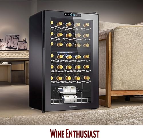 Miniatura 8 de Wine Enthusiast Enfriador de vino con compresor MAX de doble zona de 32 botellas, mini refrigerador independiente con pantalla táctil digital,