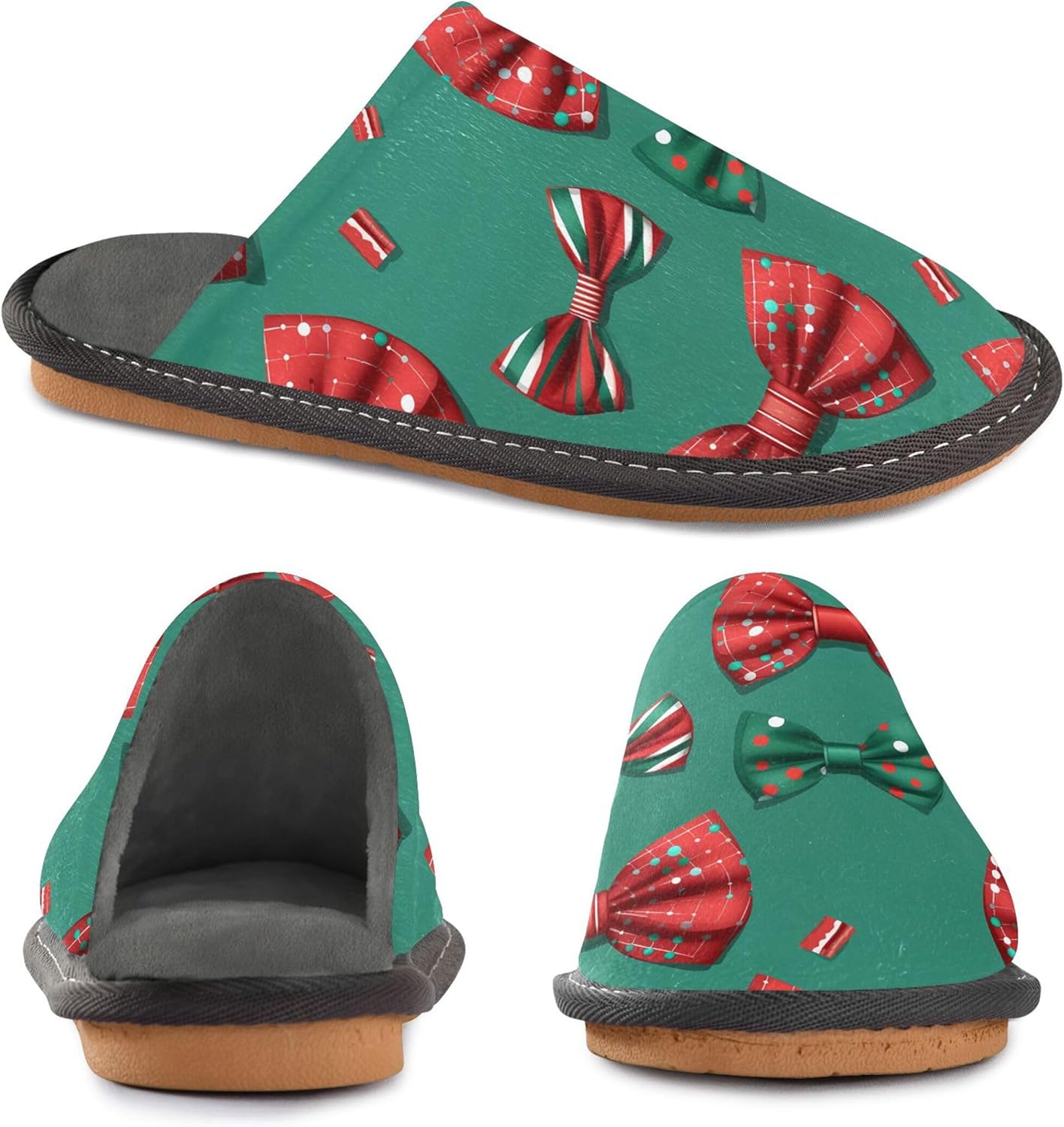 Christmas Red Green Bow House Slippers – Cozy Fuzzy Slippers for Guests, Washable & Disposable, Perfect for Shoeless Home, Spa & Hotel Use A111627