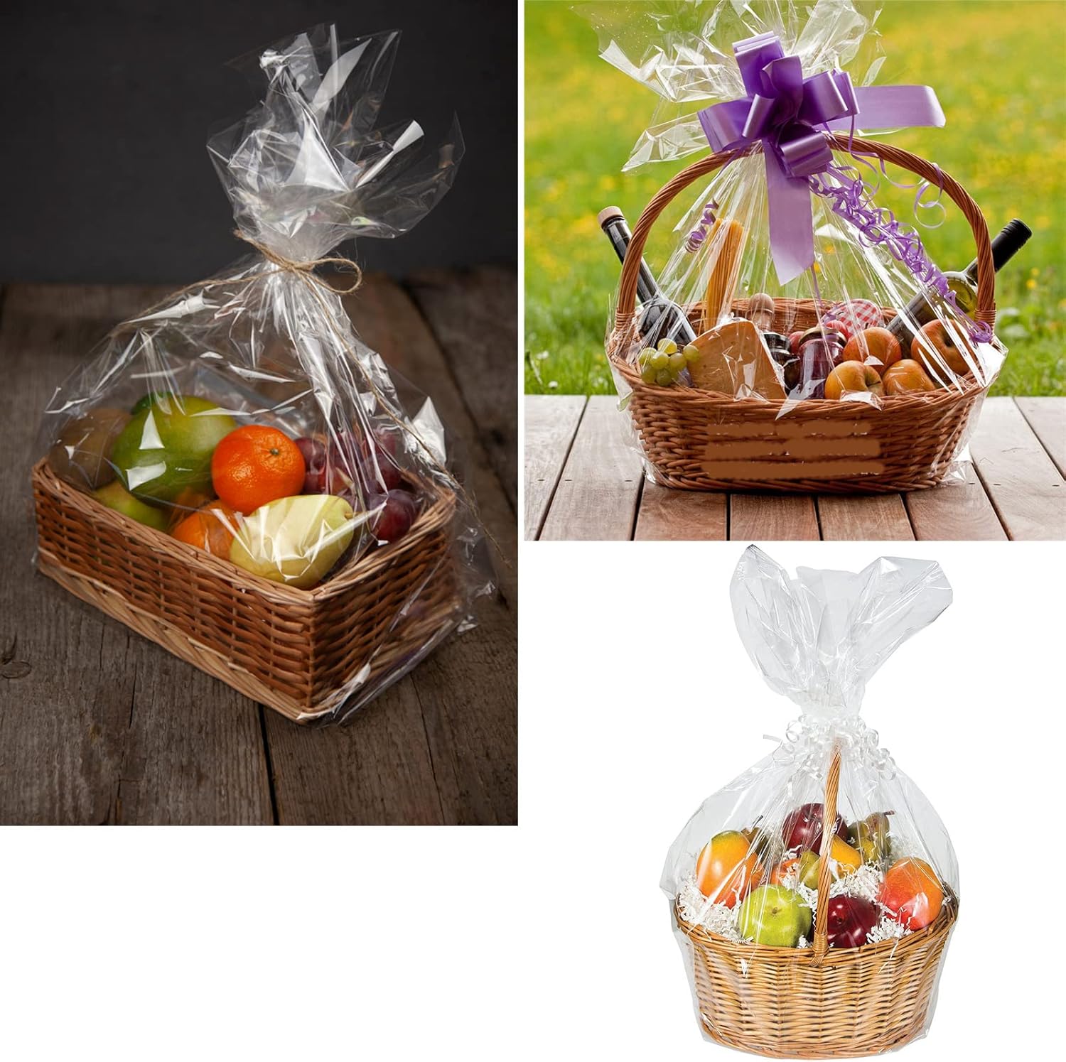 50 Packs Large Clear Cellophane Basket Bags 24" x 30" Cellophane Basket Gift Bags Heavy-duty Plastic Wrapping Paper for Gifts, Arts, Crafts, Treats, Gold Chiffon Ribbon - Image 4