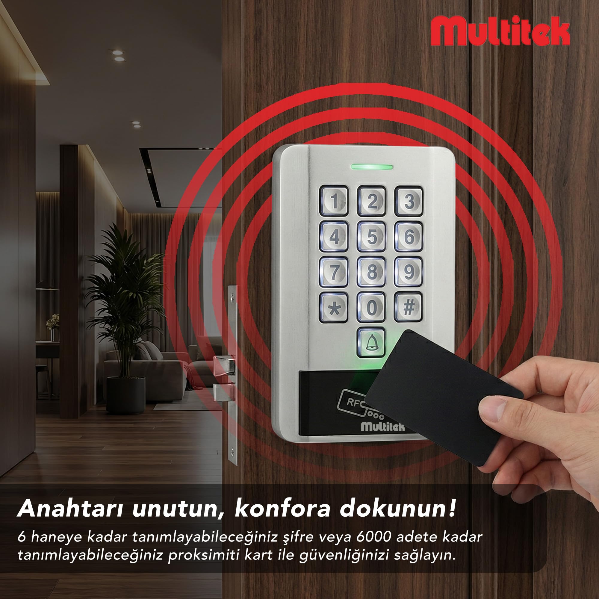 Multitek Şifrematik 6000 IP67 Su Geçirmez Şifreli ve Kartlı Kapı Açma Paneli - 6000 Kullanıcı Kapasiteli, Dış Ortam Uyumlu Metal Gövde, Zil Butonlu RFID Kart Okuyucu - Apartman ve Ofis Güvenlik