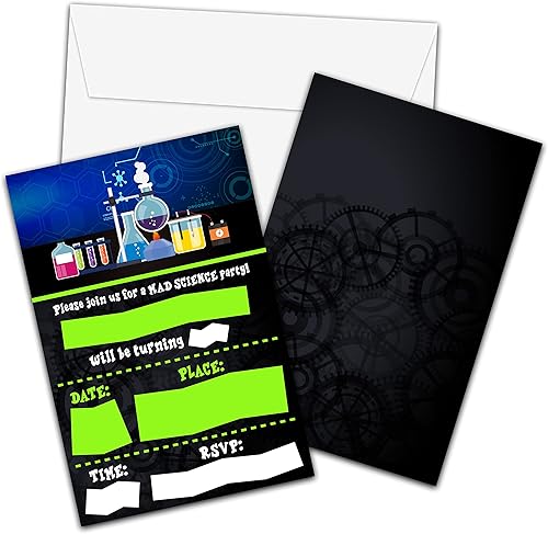 Miniatura 1 de Invitaciones de cumpleaños de ciencia con sobres, tarjeta de invitación de fiesta de ciencia loca - Tarjetas de invitaciones de relleno de