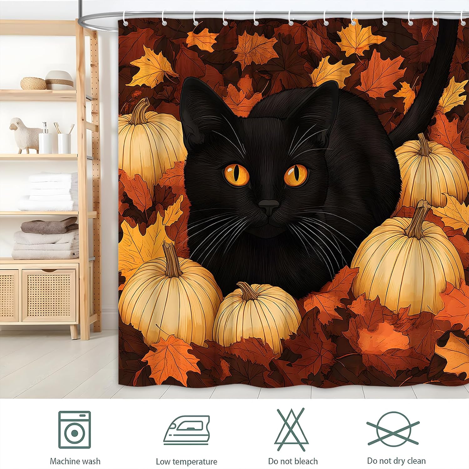 Fall Cat Shower Curtain Farmhouse Pumpkin Maple Leaves Cute Black Cat Vintage Rustic Plant Farmhouse Harvest Autumn Country Thanksgiving Bathroom Decor Curtain with Hooks
