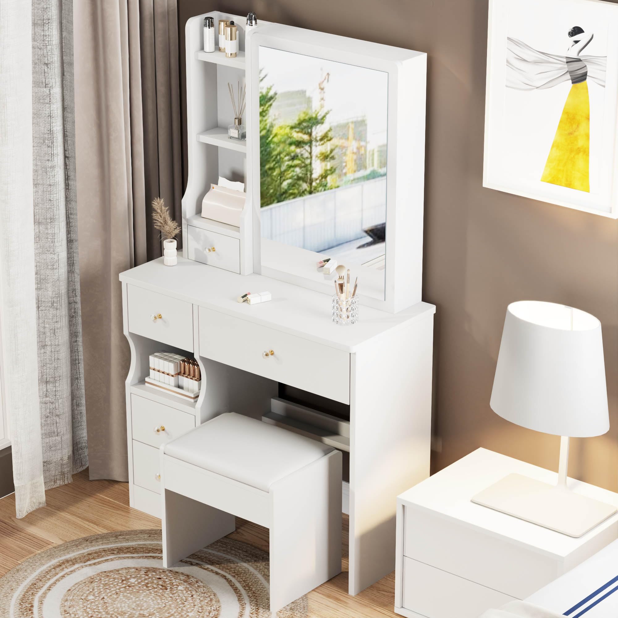 Vanity Table Vanity Desk Kleine Voetafdruk Gemaakt van Mdf, Cosmetische Tafels Modern Vanity Makeup Tafel Dressoir Wit Kaptafel Grijs (Color : White, Size : With bowknot chair