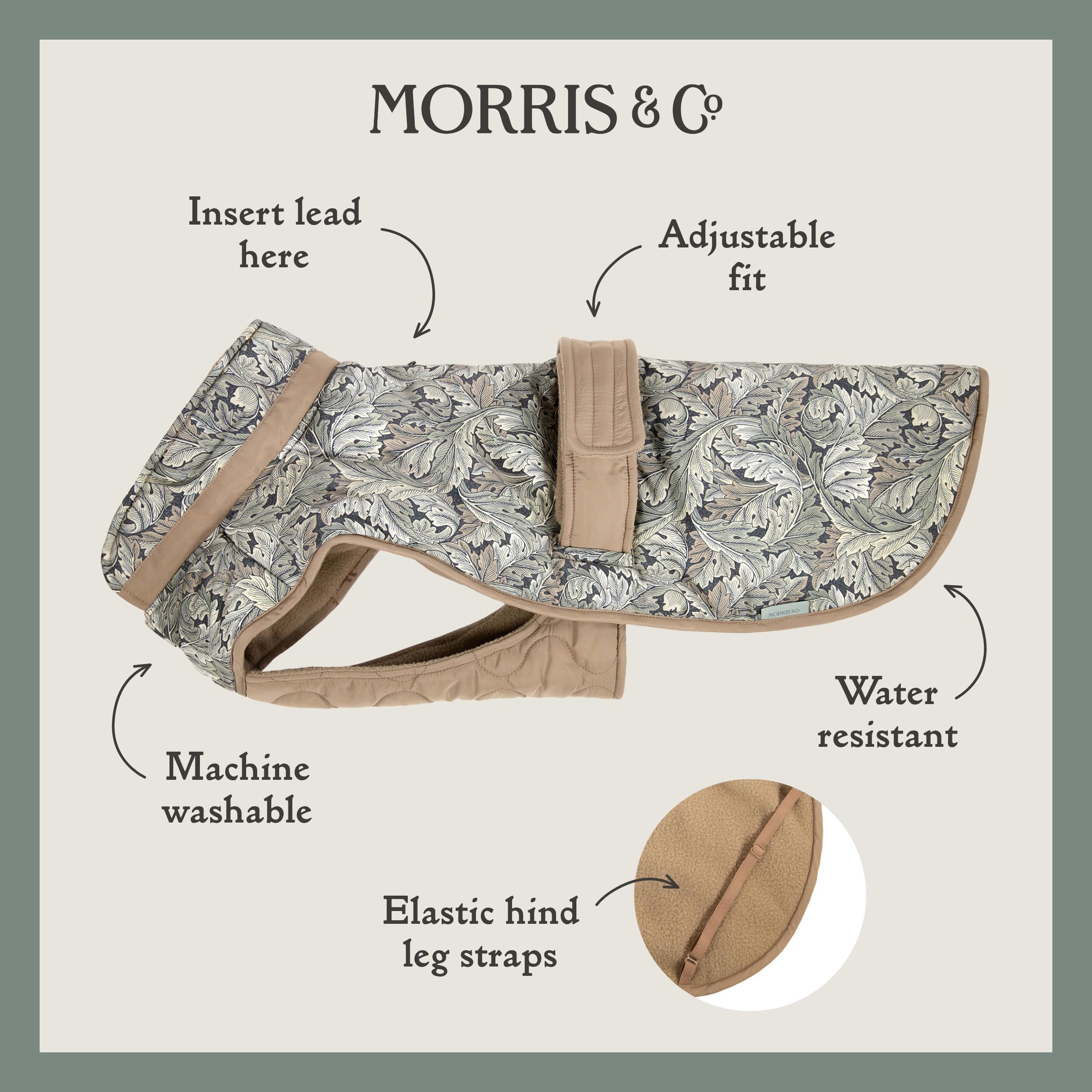 Rosewood x Morris & Co. Acanthus - Abrigo Acolchado para Perro, Talla L, Chaqueta de Invierno Acolchada cálida de Lujo para Perros, Ajuste Ajustable, Estampado Elegante, Abrigo cómodo para Perros