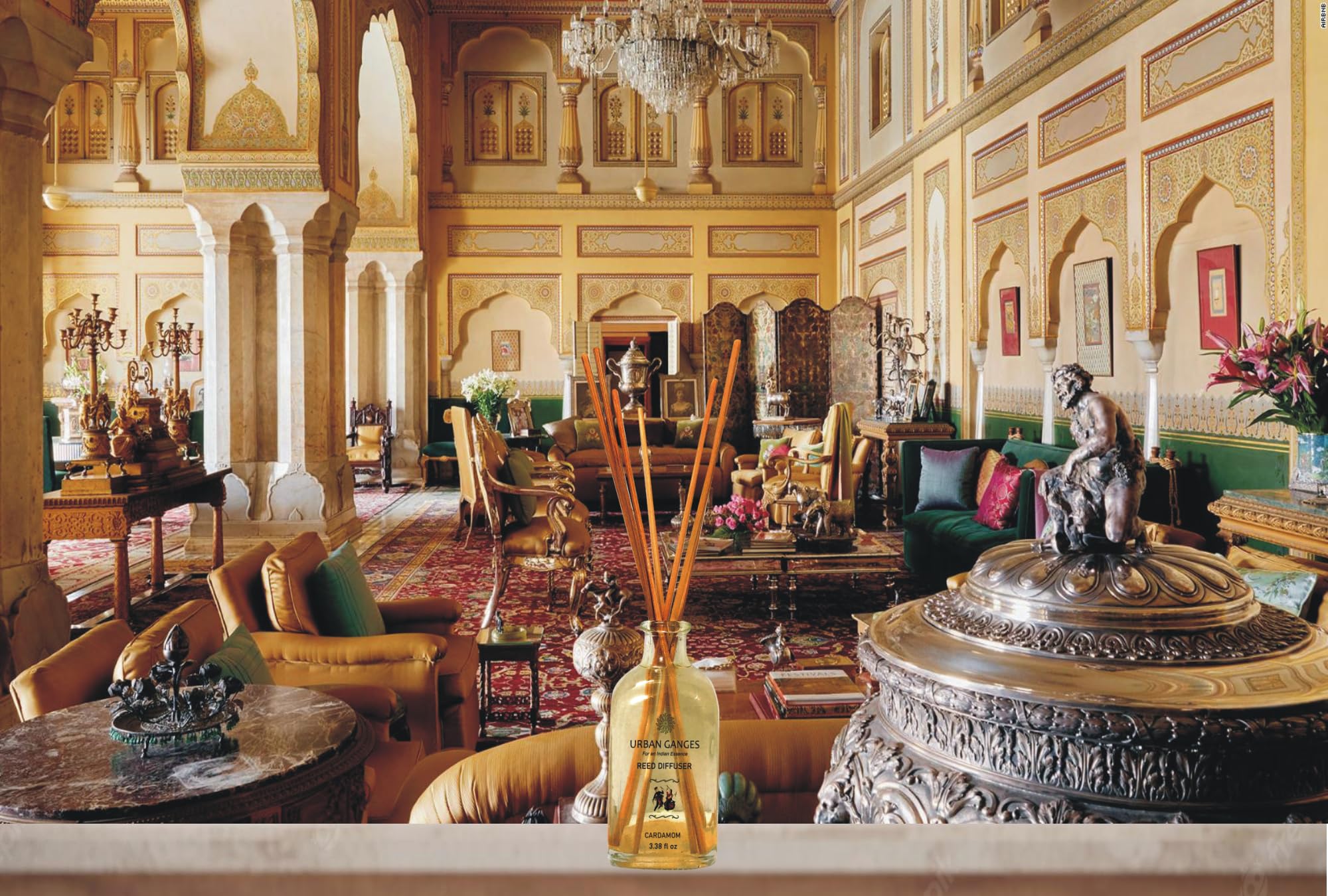 Urban Ganges Reed Diffuser | Cardamom | Made with Cardamom Essential Oil | Luxurious Reed Diffuser | Handpoured in India | 3.38 fl oz | Includes Fibre Reed Sticks