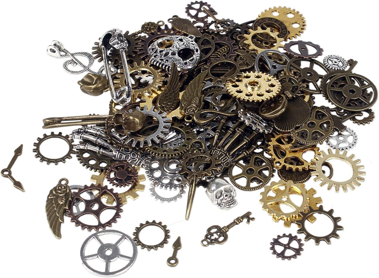 BIHRTCBIHRTC 200 Gram Antique Steampunk Gear DIY Assorted Mixed Color Metal Cog Wheel Skull Brass Key Pendant Charms for Craft Jewelry Making Accessory