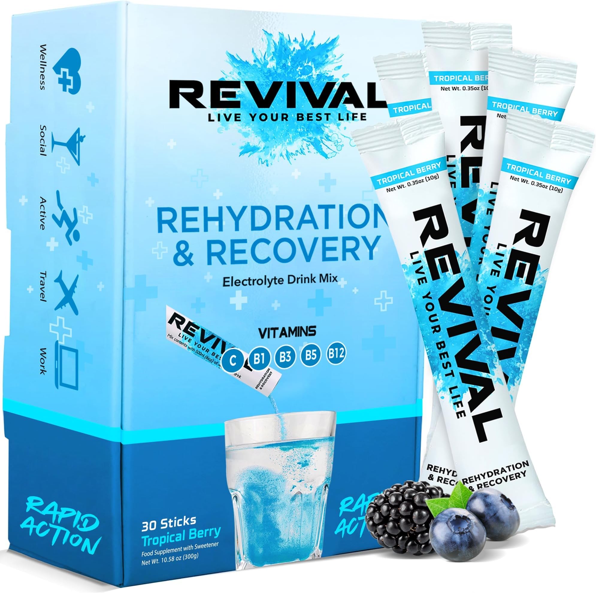 Revival Rapid Rehydration Electrolytes Powder - High Strength Vitamin C, B1, B3, B5, B12 Supplement Sachet Drink, Effervescent Electrolyte Hydration (Tropical & Berry Blast, 30 Count (Pack of 1))