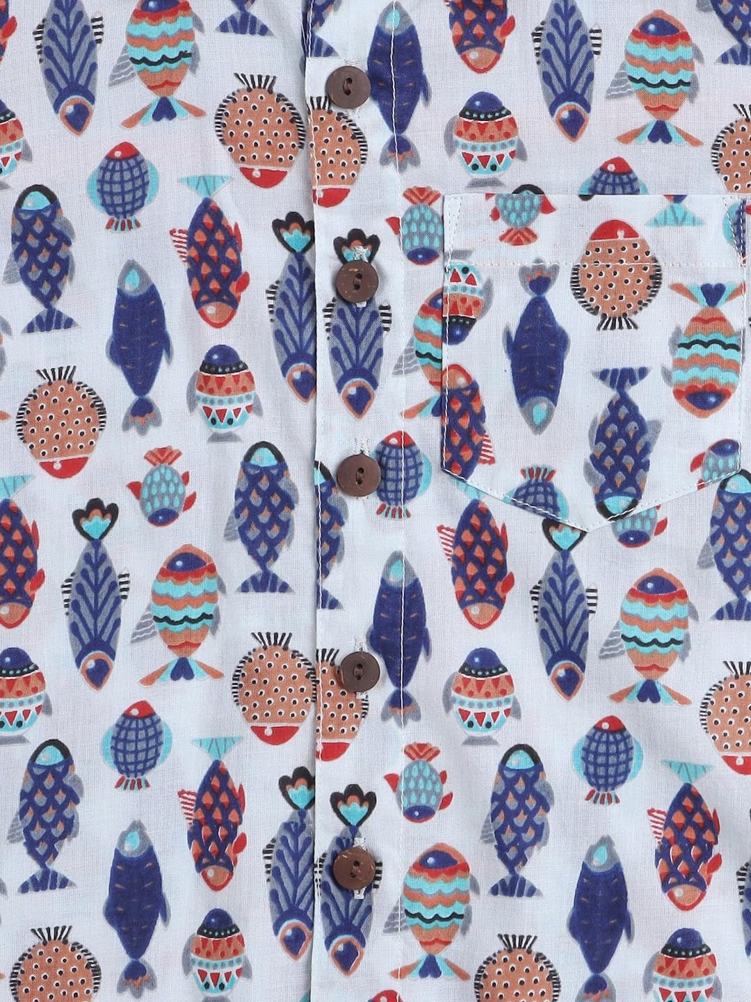 Niren Enterprise Cotton Fabric Casual Half Sleeve Fish Printed Pattern Kids Boys Shirt White Multi Colour 3