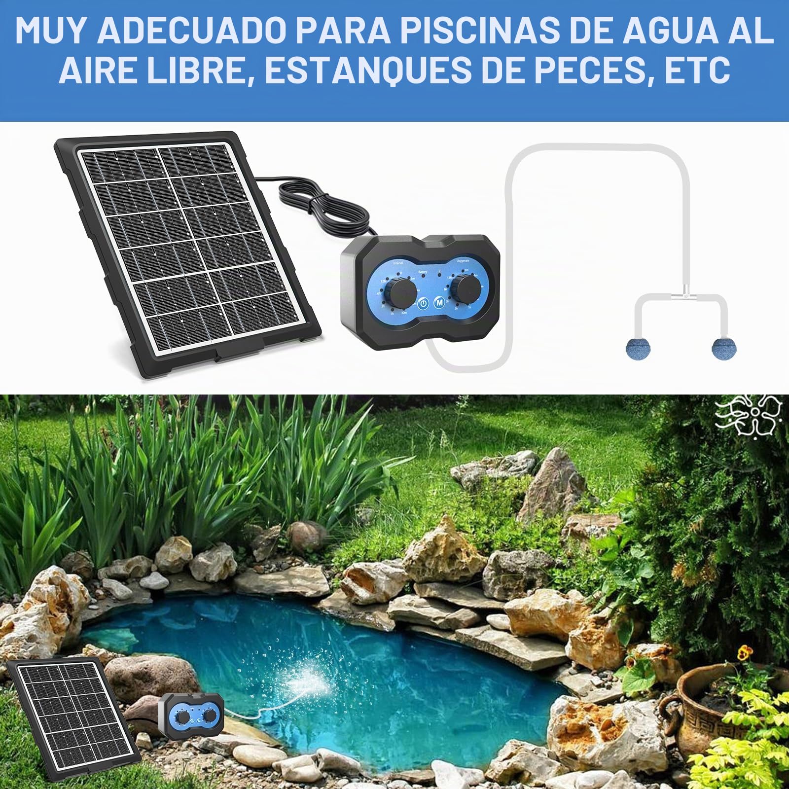 Bomba de aire oxigenadora solar para estanque, botón de rotación simple mejorado, aireador solar para estanques al aire libre con función de temporización, para jardín, pecera, piscina, estanque de