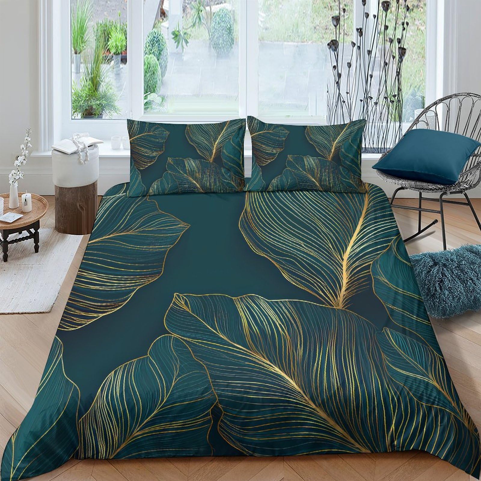Ctjqhvkz Style-7 3D Printed Tropical Leaf Fitted Sheet Microfiber Green Gold Botanical Bed Sheet For Bedroom Guest Room Dustproof Decor Single（135X200cm）