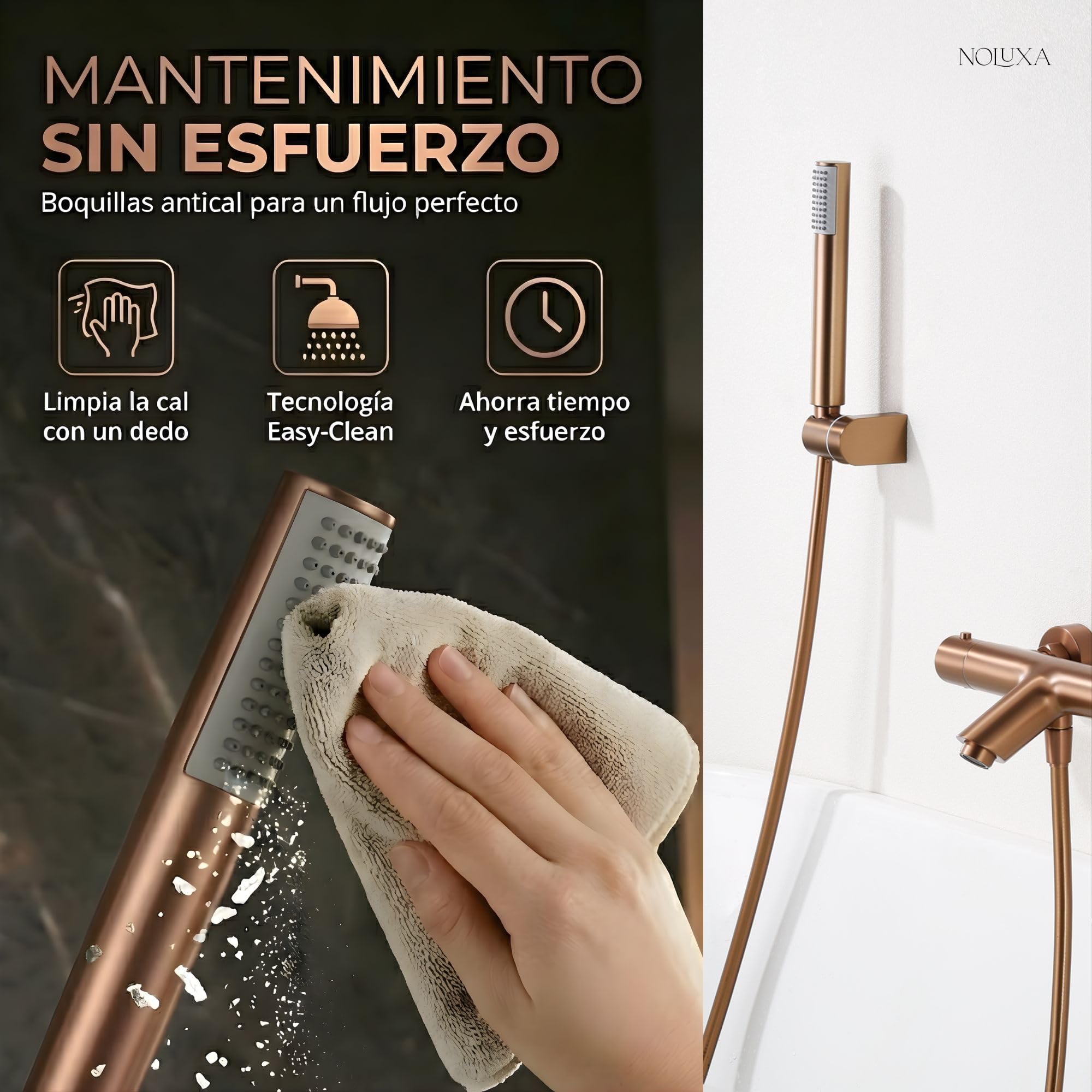 IMEX - Grifo Monomando Bañera y Ducha Oro Rosa | Grifo Mezclador de Pared con Soporte Alcachofa de Ducha y Manguera | Grifería en Latón y Acero Inoxidable S.304 | Serie Bless | Color Cobre