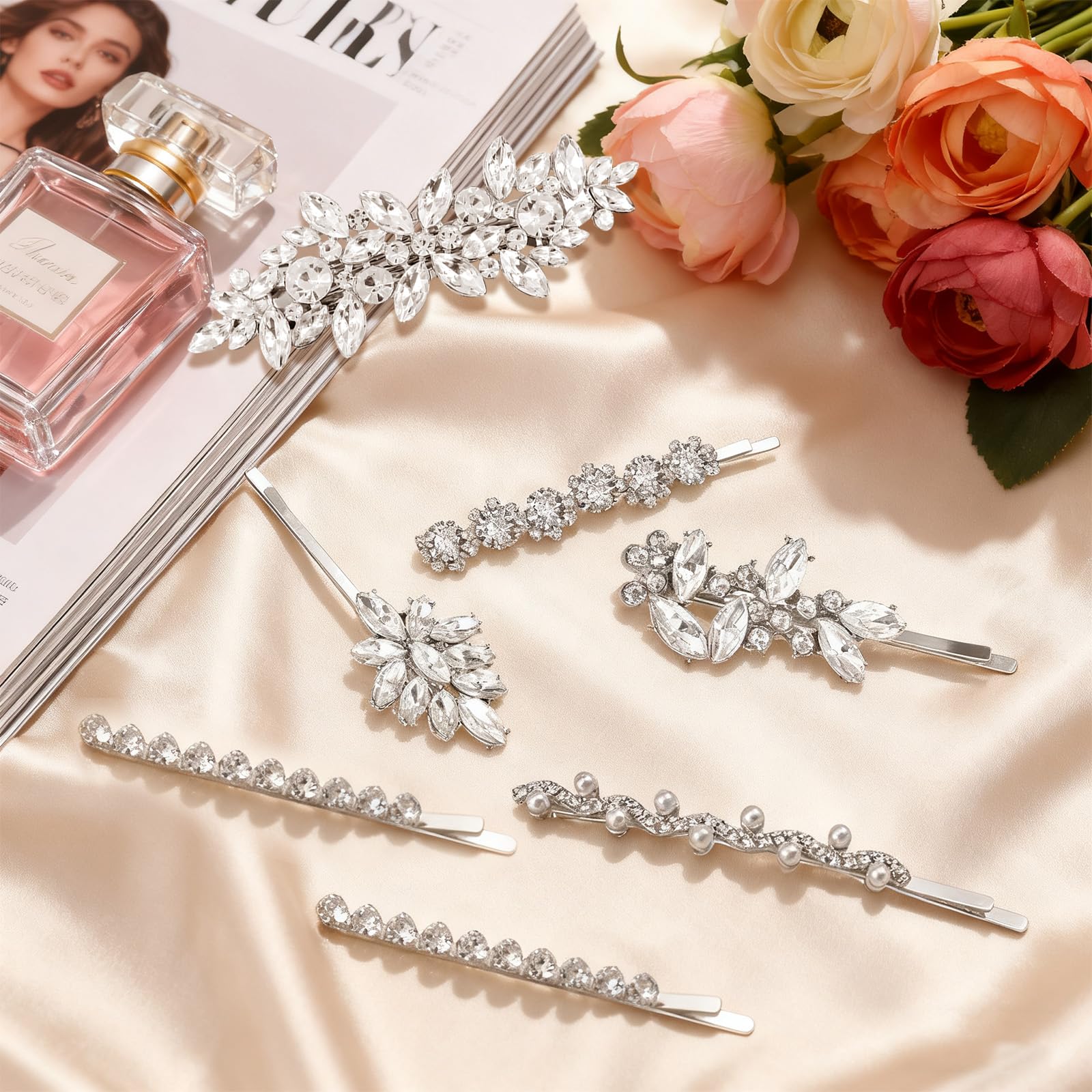 7Pcs Silver Leaf-Shaped Rhinestone Hair Clip for Brides, Wedding