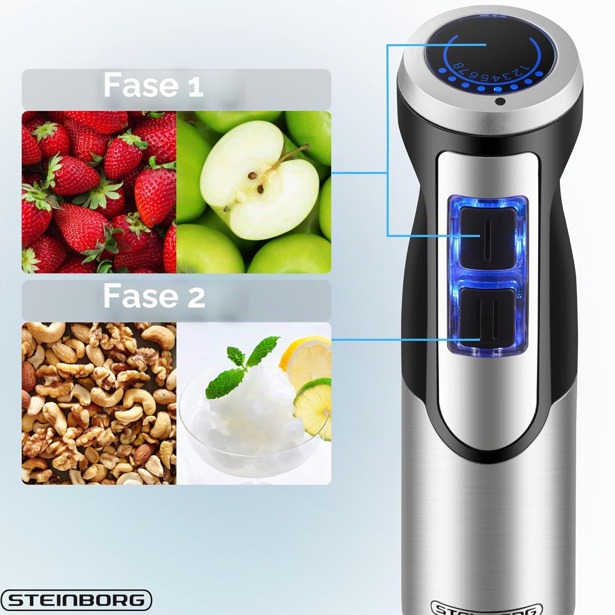 Steinborg Frullatore a immersione, 1.500 Watt, in acciaio inox, frullatore ad immersione, tritatutto – 500 ml, contenitore di miscelazione in acciaio inox, funzione turbo, frullatore a mano