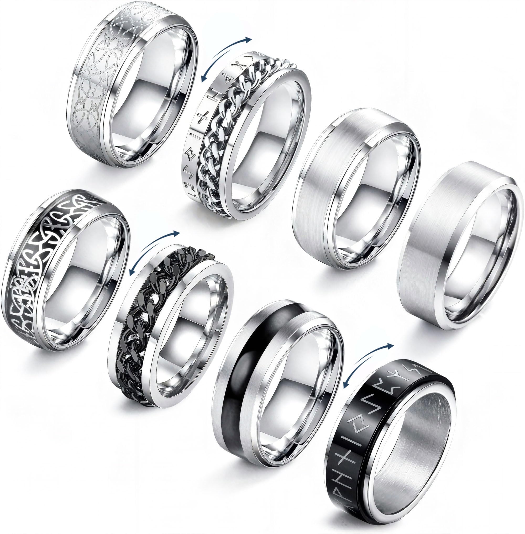 JeryWe 8 Pcs Stainless Steel Rings for Men High Polished Mens Band Wedding Engagement Fidget Rings Vintage Spinning Rings Size 7-13
