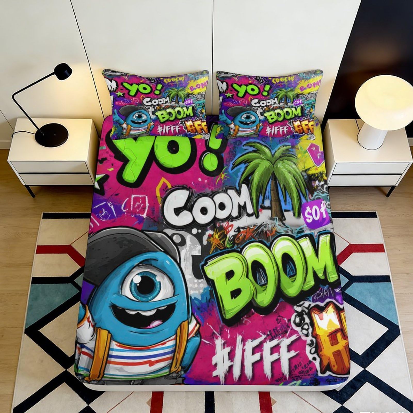 3D Printed Graffiti Cartoon Monster Fitted Sheet Microfiber Non-Slip Bed Cover for Bedroom Dorm Mattress Decor 200x200x25cm