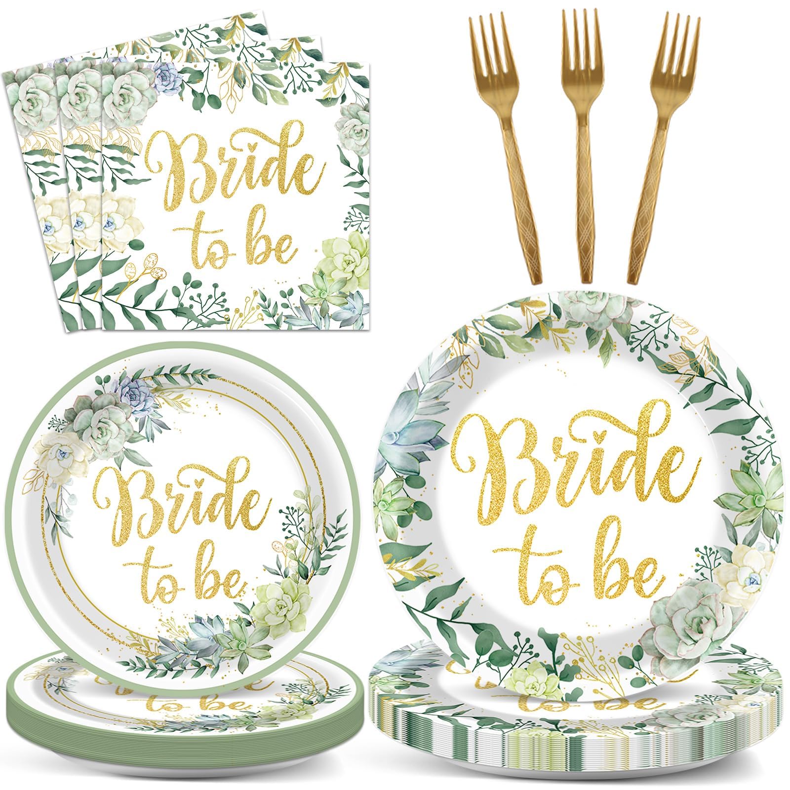 96Pcs Bridal Shower Decorations - Sage Green Bride to Be Paper Plates, Napkins, Wedding Shower Tableware Set - Green Plants Dinnerware for Engagement,