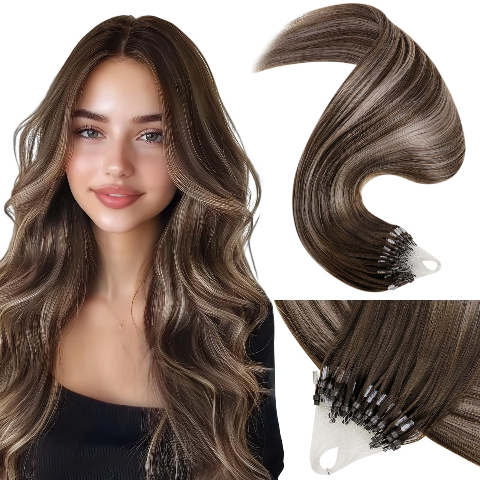 Extension Cheveux Naturel à Froid Balayage Marron Fonce 45cm Extension Cheveux a Froid 1g Balayage Marron Foncé A Blonde Cendré Extension de Locks Cheveux Naturel 50g #4/18/4