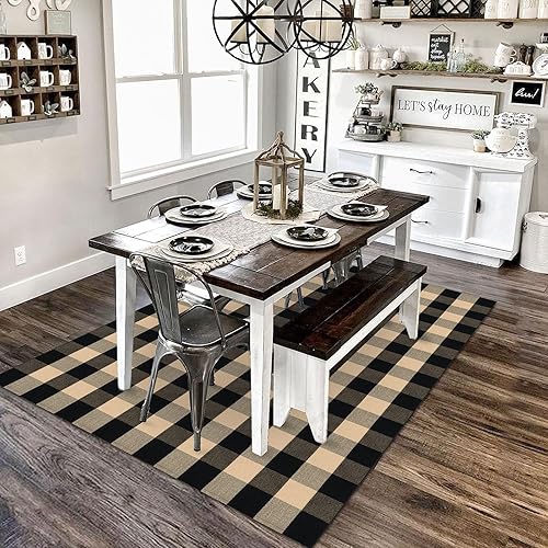 Vista 129 de KILOCOCO Alfombra de rayas beige de 2.3 x 3.6 pies para interiores y exteriores, alfombra tejida a mano de algodón lavable a rayas para puerta Rayas