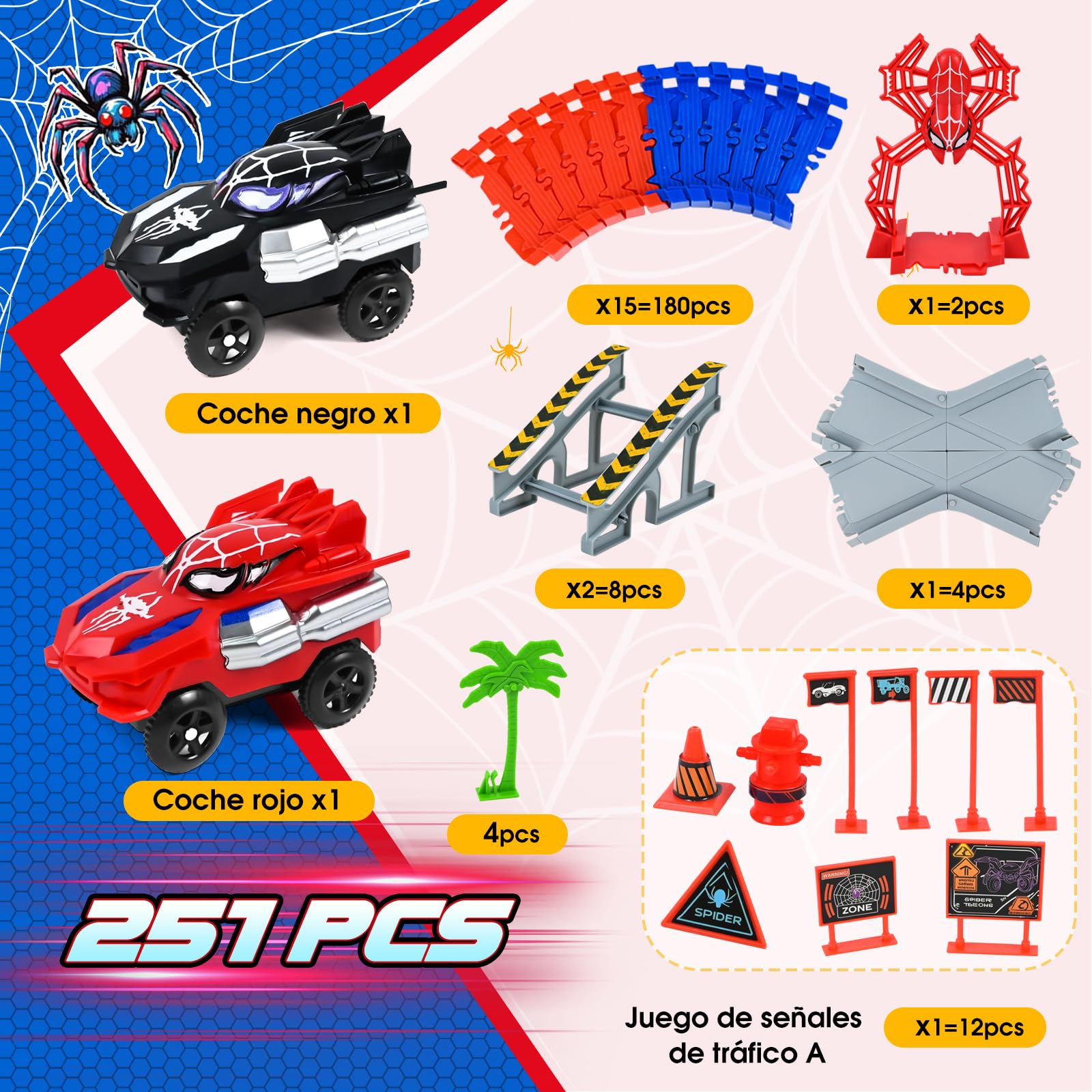 PATEMZON Circuito de Carreras, Pista Spider, Circuito Pista Coches De Juguetes 2 Vehículos, 208 PCS Circuito de Carreras Flexible de 360, Juguetes de Carreras para Niños Mayores de 3 Años