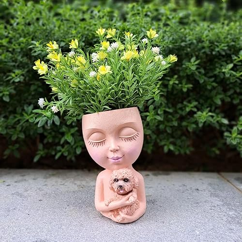 Miniatura 3 de Macetero de cara de dama, macetas para abrazar a un perro, bricolaje para interiores y exteriores, maceta de cabeza de resina con orificio de
