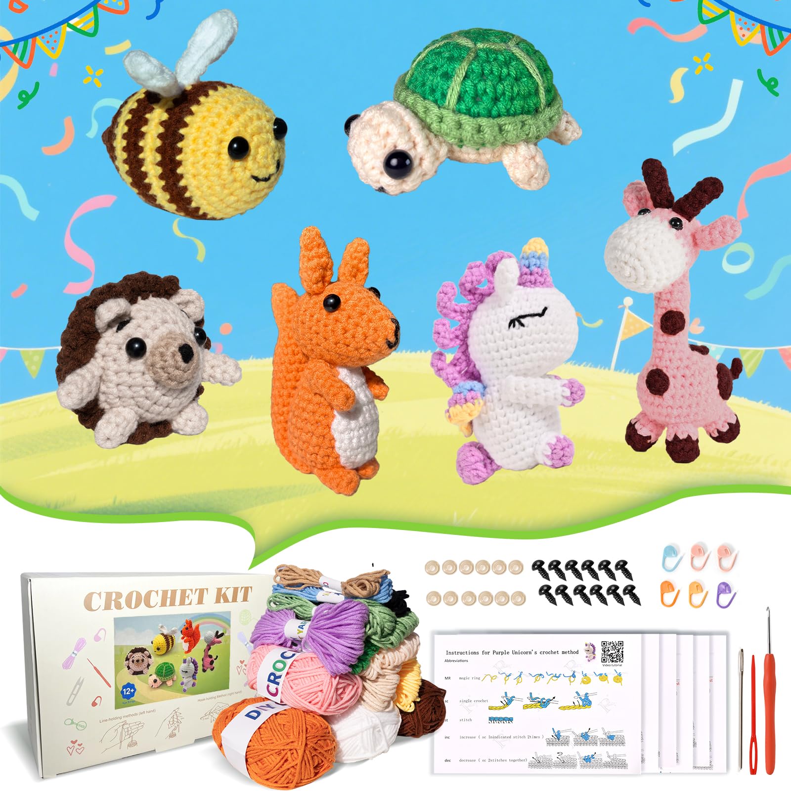 Alutaba 6Pcs Crochet Kit for Beginners Adults, Crochet Animal Kits for Adults and Teens with Step by Step Videos Tutorials, Knitting Kit for Crochet Lovers Great Birthday, DIY Keychain Pendants