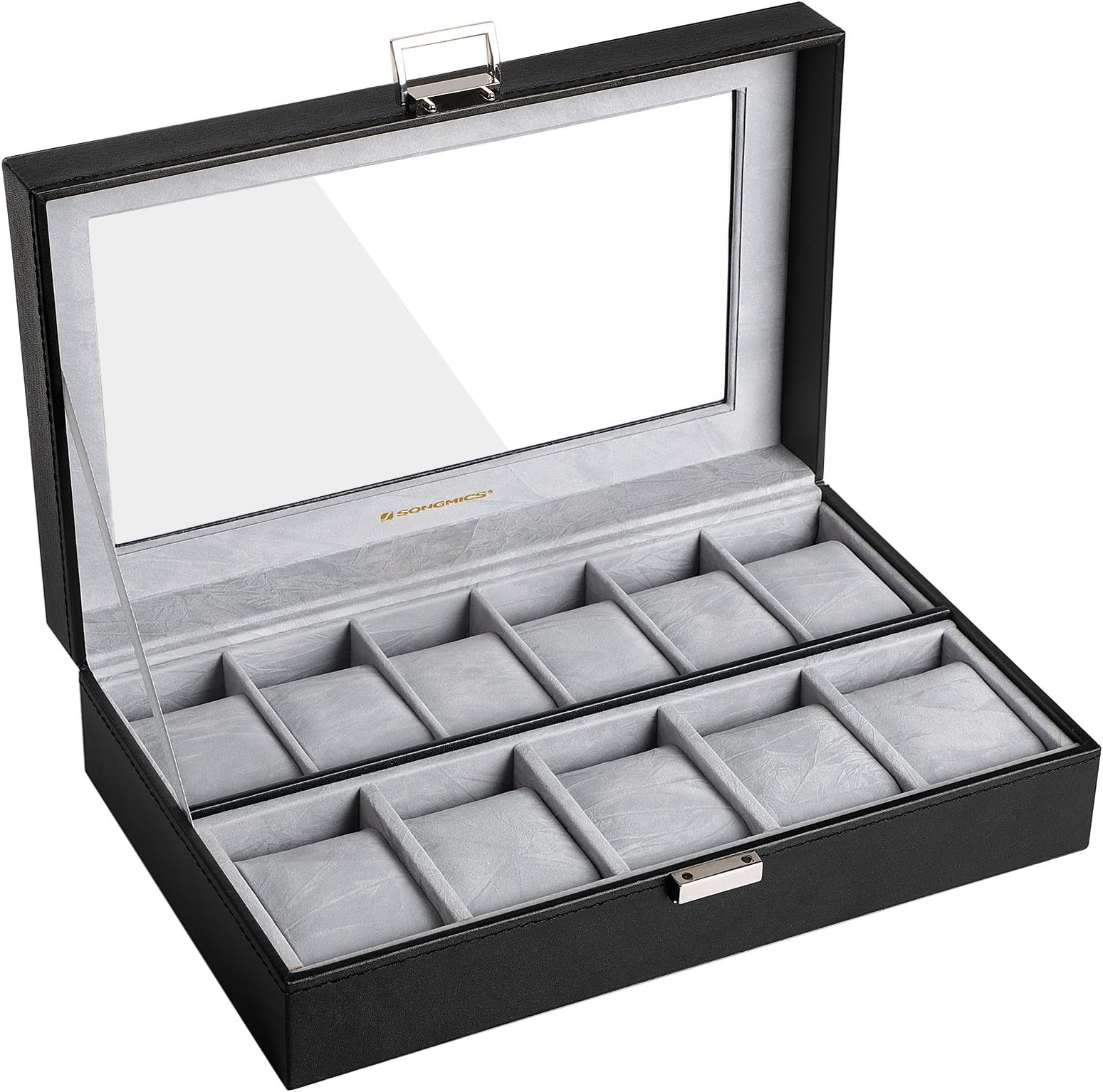 Boîte à Montres 12 Emplacements KIMIGO - Présentoir Avec Couvercle Verre - Coussinets Velours Amovibles