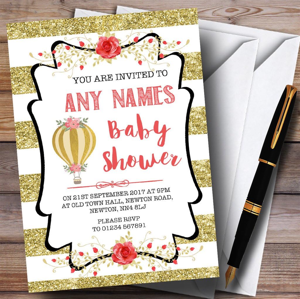 Gold Stripes Hot Air Balloon Invitations Baby Shower Invitations
