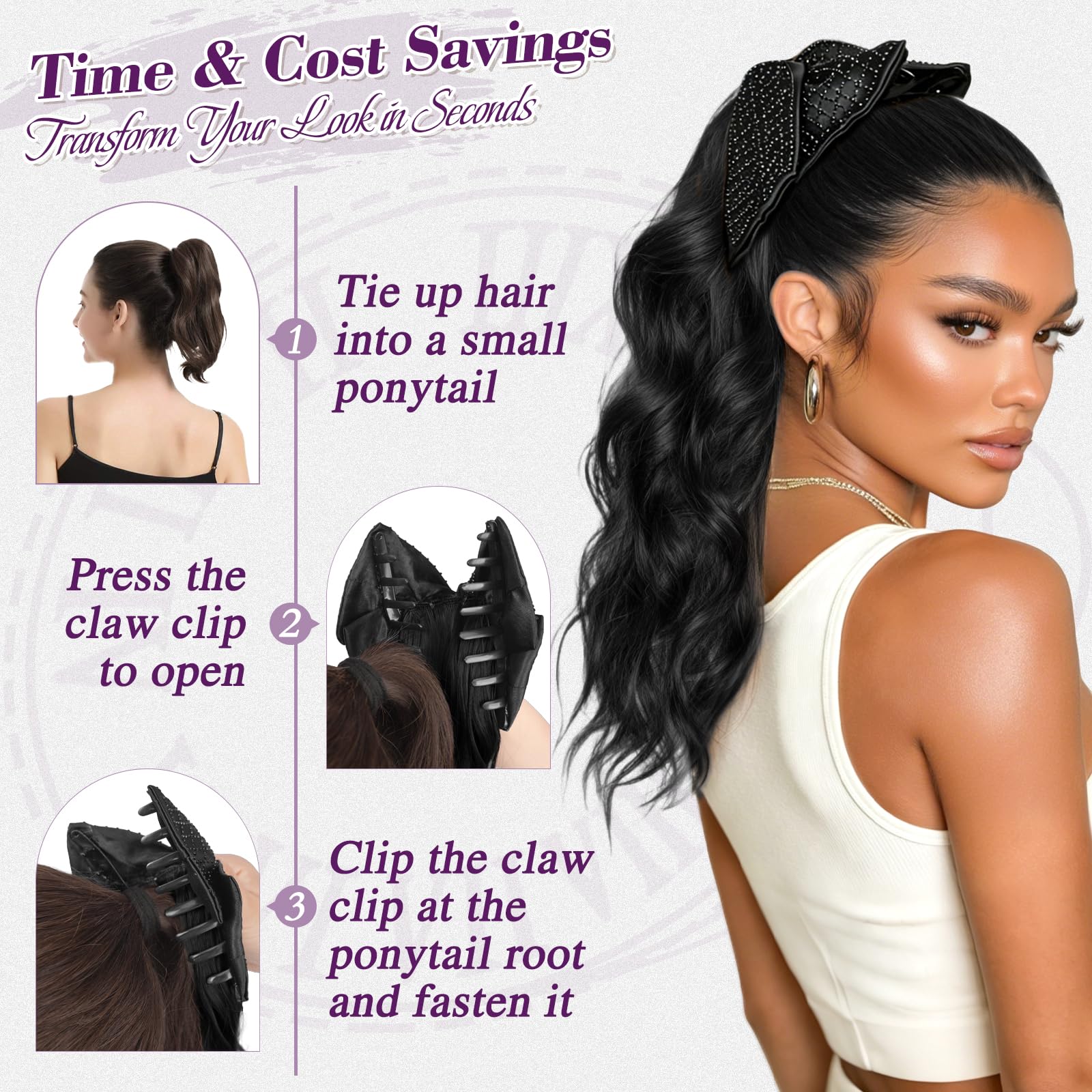 BARSDAR Artigli Pinza Coda Capelli Extension, 45cm Bow Artigli Pinza Ondulati Nero Coda di Cavallo Extension per Donne Aspetto Naturale Leggere Fluffy Sintetici Ondulati Nero Ponytail Posticci