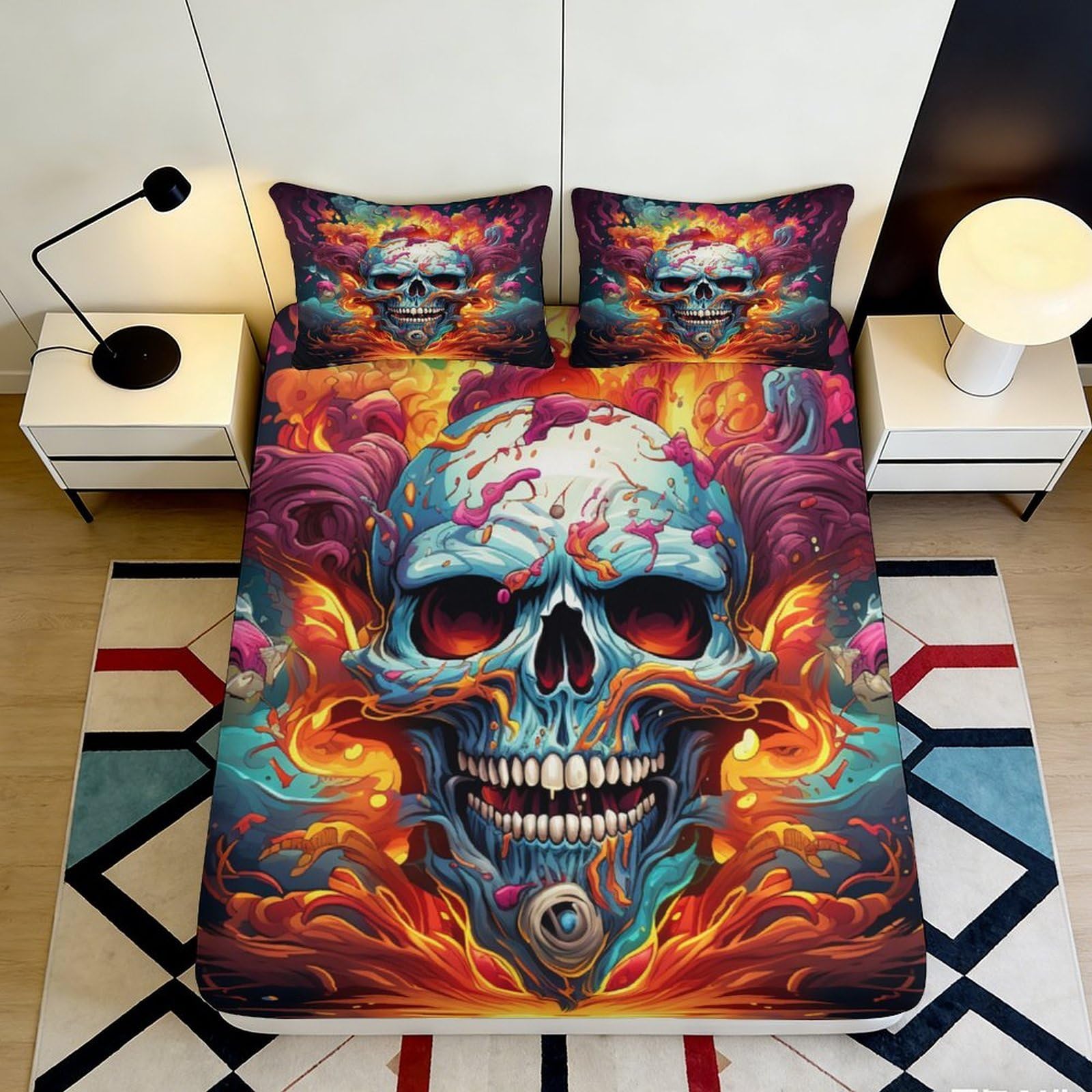 3D Printed Fiery Skull Fitted Sheet Microfiber Durable Soft Breathable Flaming Skull Bed Cover for Bedroom Dormitory Guest Room Mattress Protection 160x200x25cm