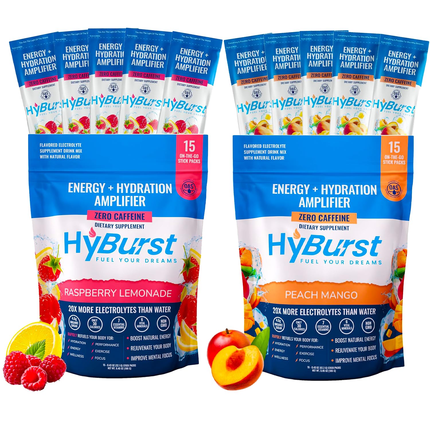 Multivitamin Electrolyte Drink Mix 30-Pack, Hydration + Nutrients | 100mg l-theanine | Raspberry Lemonade & Peach Mango