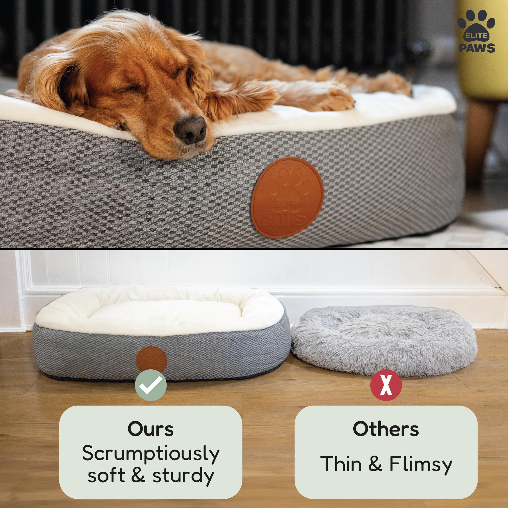 Elite Paws UK: Cuccia per cani in stile ortopedico di lusso, base in schiuma a doppio strato con cuscino in peluche, lati rinforzati per supporto per testa, collo e articolazioni, più fodera in pile