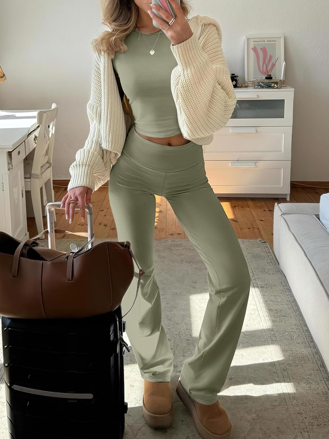 ANRABESS Women 2 Piece Outfits Fall Lounge Sets Long Sleeve Cropped Top Fold Over Flare Pants Comfy Pajamas Set Y2K Clothes - Image 5