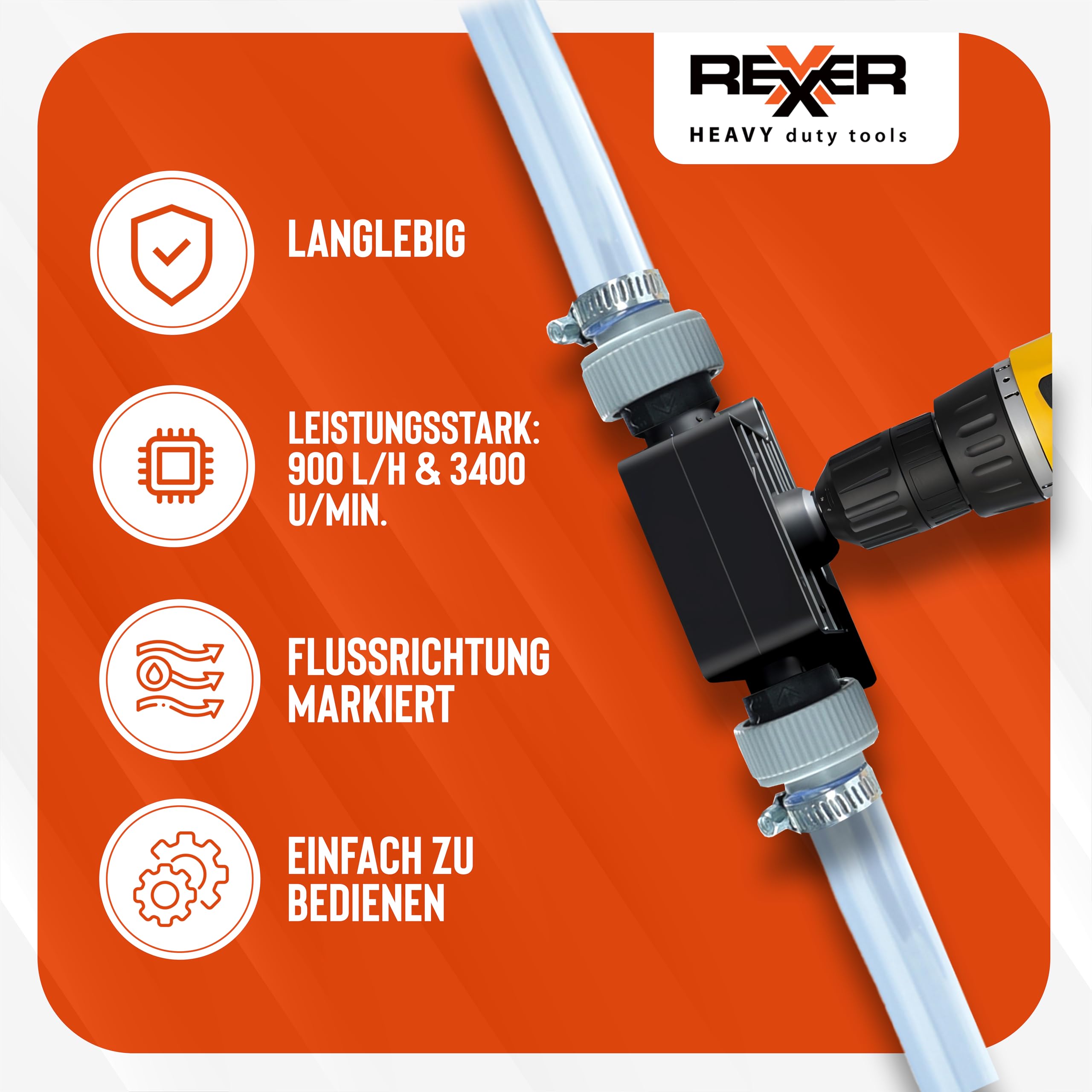 REXXER Wasserpumpe (Set) - Bohrmaschinenpumpe/Akkuschrauber Pumpe - sofort einsetzbar mit 2m Schlauch, Schellen & 2x Schlauchkupplung (900 l/h)