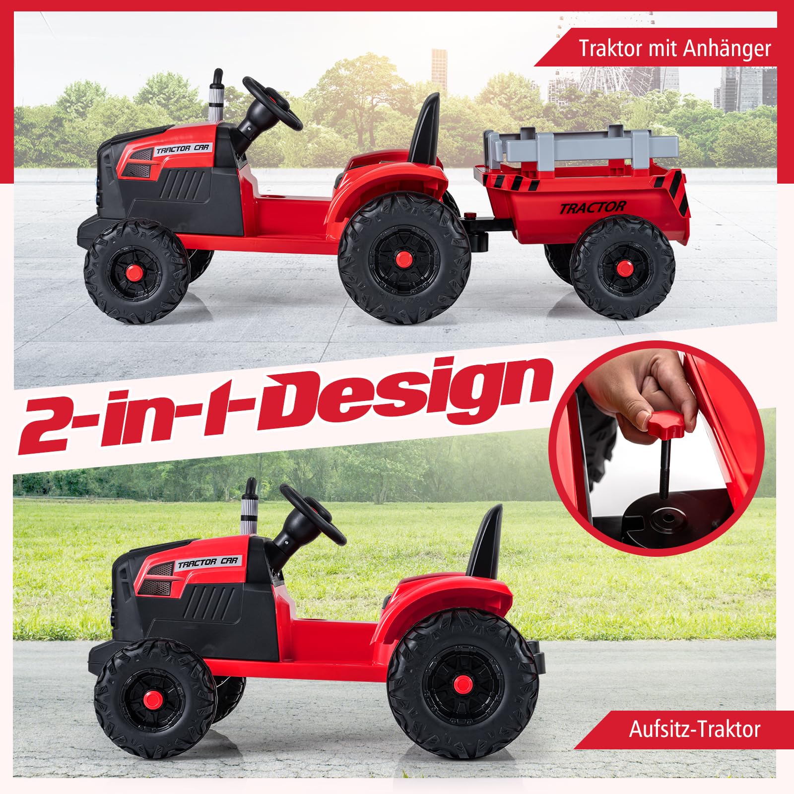 COSTWAY Elektro Traktor mit Anhänger, 24V Aufsitztraktor elektrisch inkl. Fernbedienung, Kindertraktor mit Musik, USB, Sanft-Start & LED Lichtern, Elektrotraktor für Kinder ab 3 Jahren (Rot)