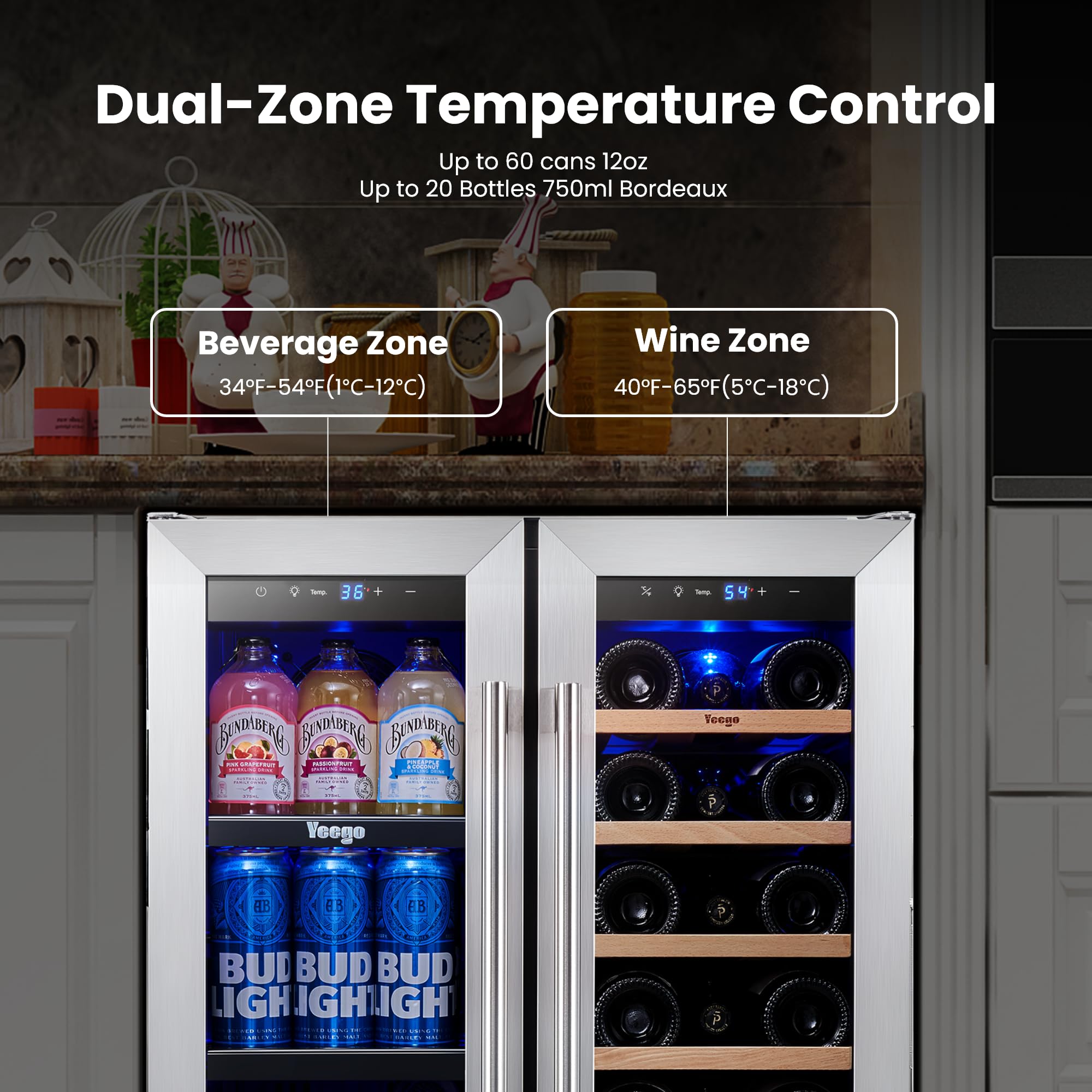 YEEGO Wine And Beverage Refrigerator, 24 Inch Dual Zone Wine Fridge, Built-In Or Freestanding Wine Cooler With Glass Doors, Under Counter Drink Fridge For Wine/Beer/Soda/Water on Fridge.com - View 5
