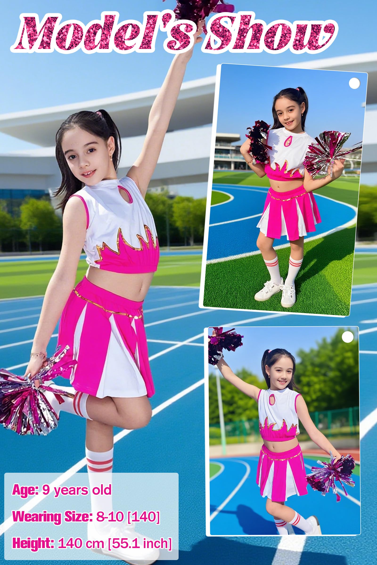 Yruioon Cheer Leader kostuum voor meisjes, 4 stuks, lange mouwen, cheerleading jurk met pompons, sokken, haarband, glitter, dansjurk, Halloween, carnavalskostuum, A, rood en zwart, maat 122-128