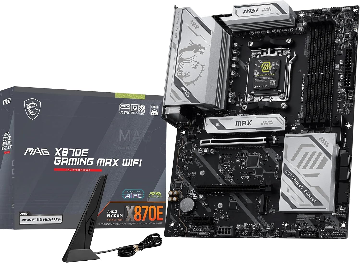 MAG X870E Gaming MAX WiFi Motherboard, ATX - Supports AMD Ryzen 9000/8000 / 7000 Processors, AM5 - DDR5 Memory Boost (up to 8200+ MT/s OC), PCIe 5.0 x16, M.2 Gen5, Wi-Fi 7, 5G LAN